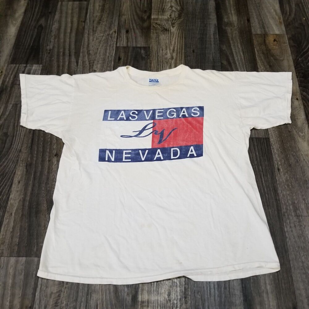 VTG Y2K Tultex Size XL Las Vegas Nevada Casino Graphic T-Shirt White Distressed